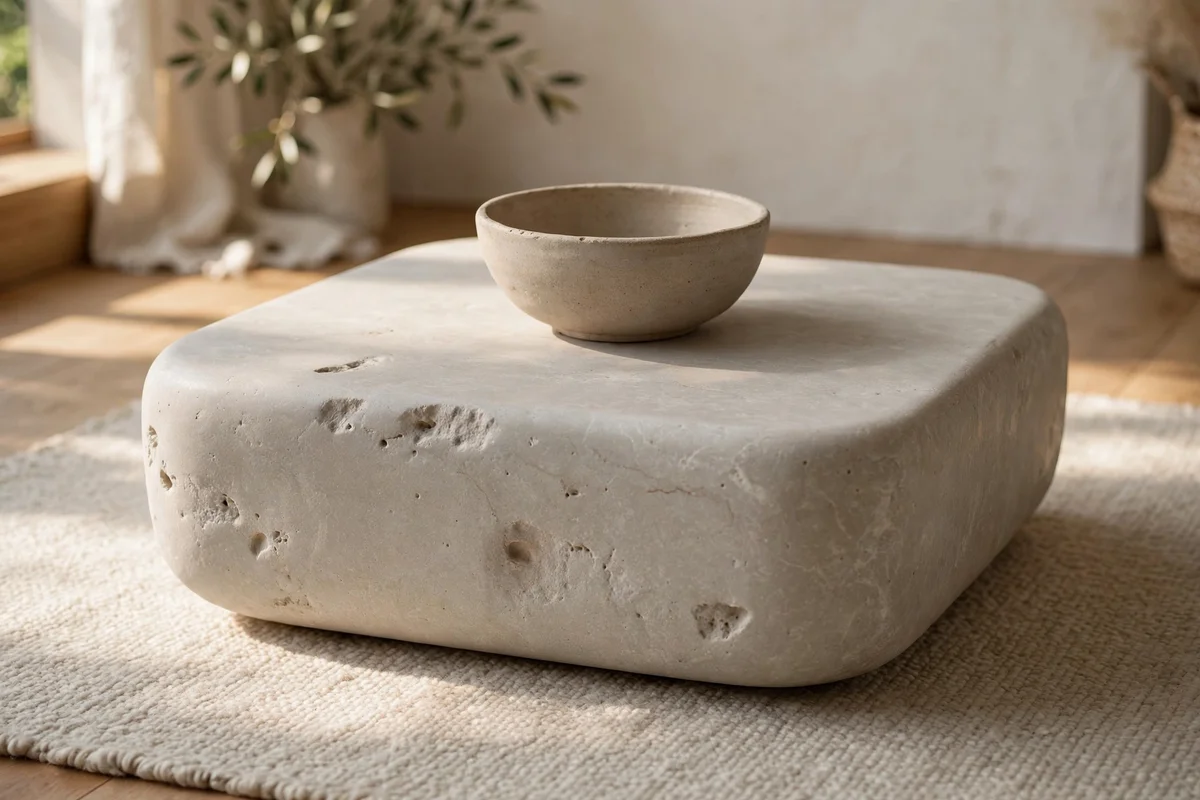 Honed stone coffee table with rounded edges and one handmade bowl