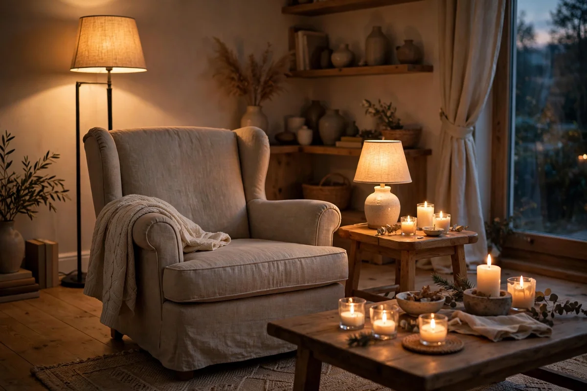 Layered lamplight in a calm living room with floor lamp and candles