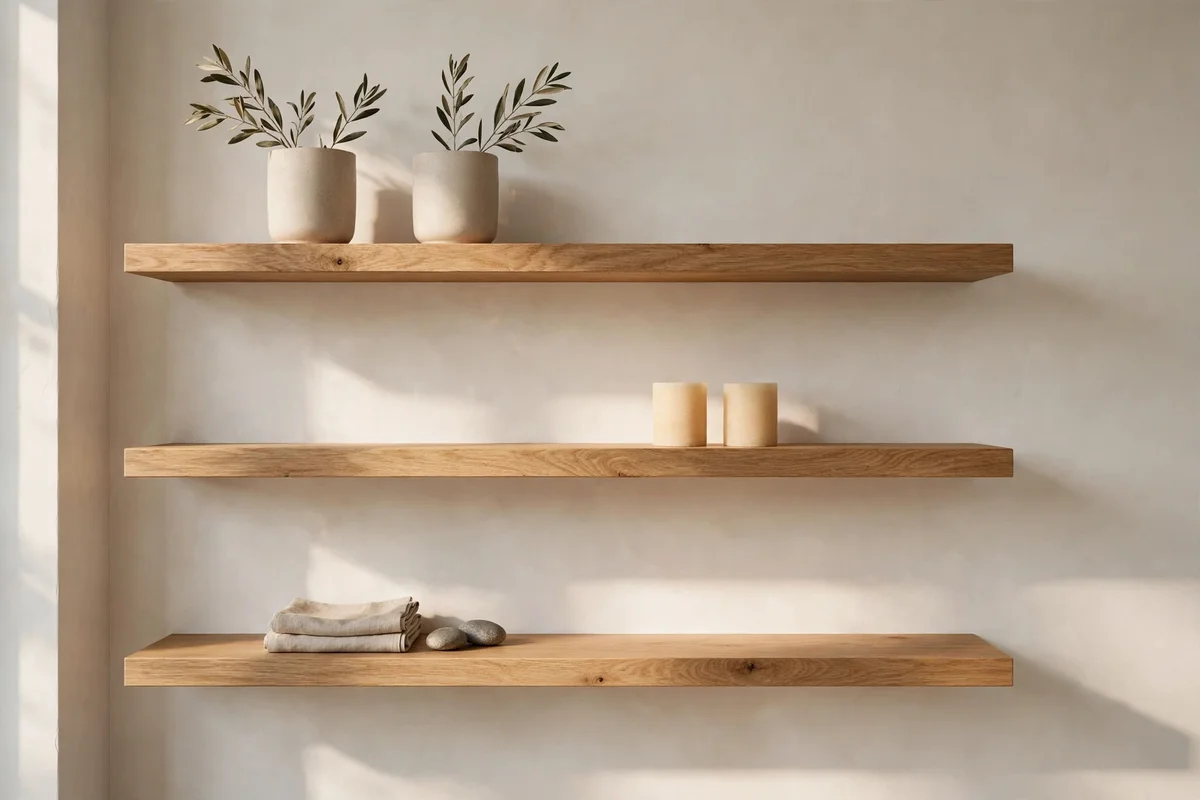 Edited oak shelves with breathing space between a few calm objects