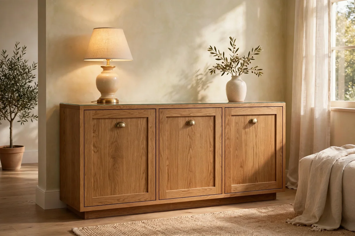 Closed solid oak sideboard with one lamp and one object on top