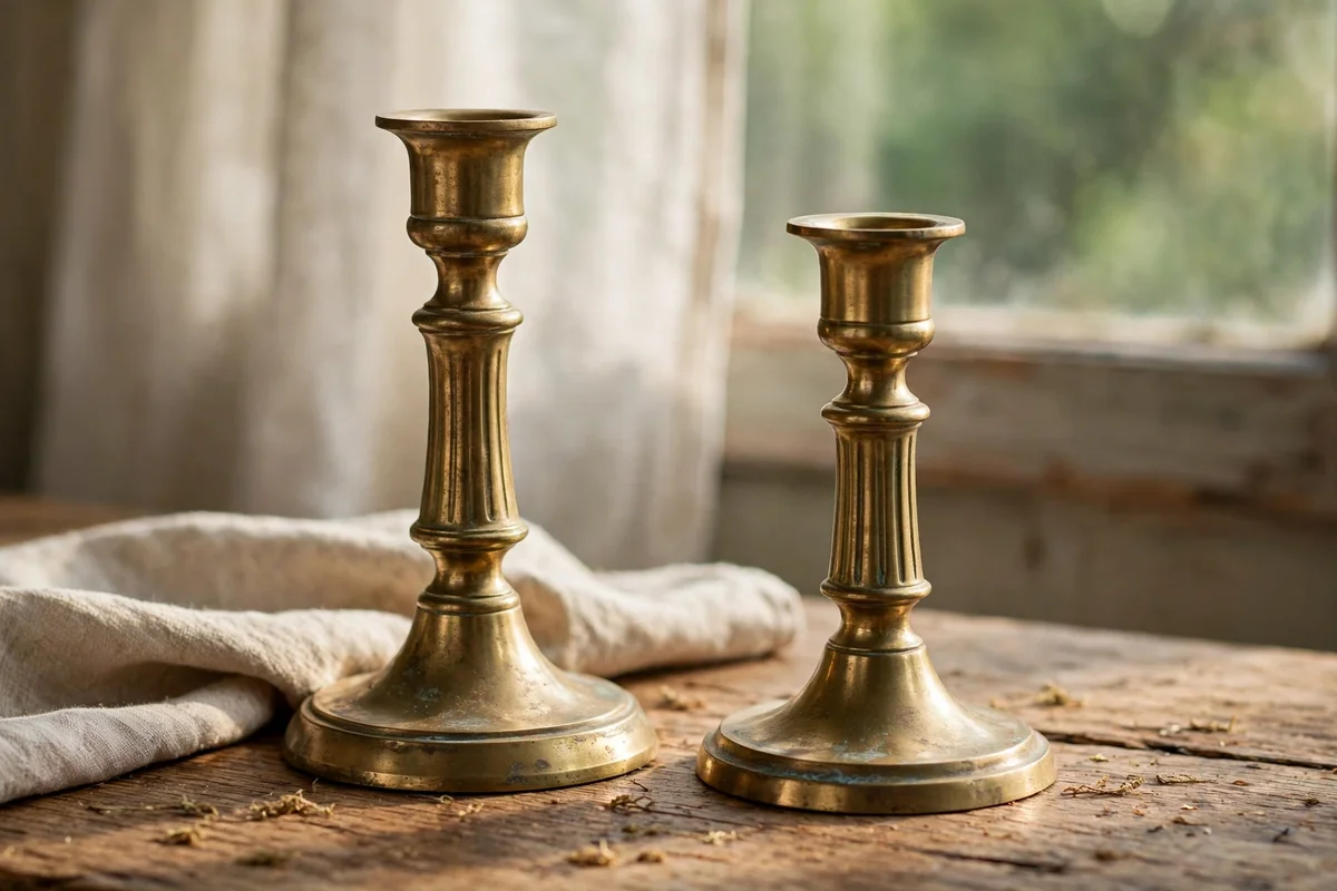 Unlacquered brass candlesticks with soft aged patina on a wooden table