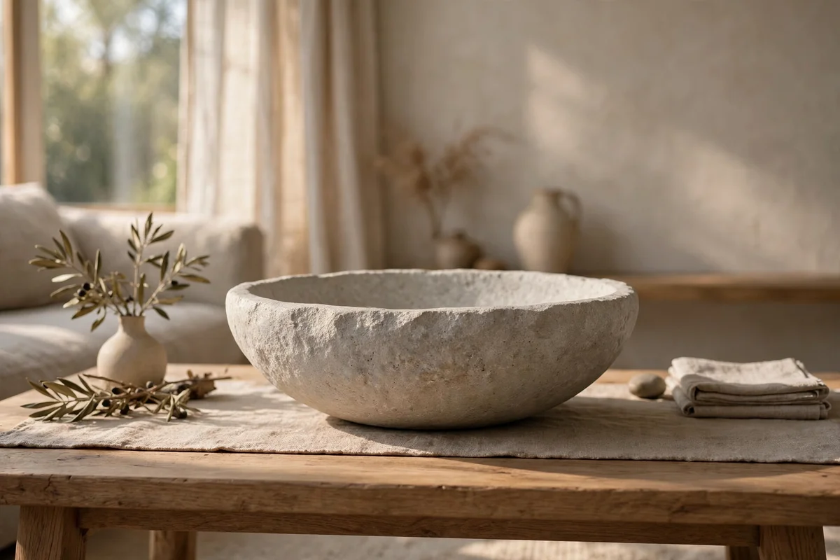 Single handmade stone bowl centred on a quiet coffee table