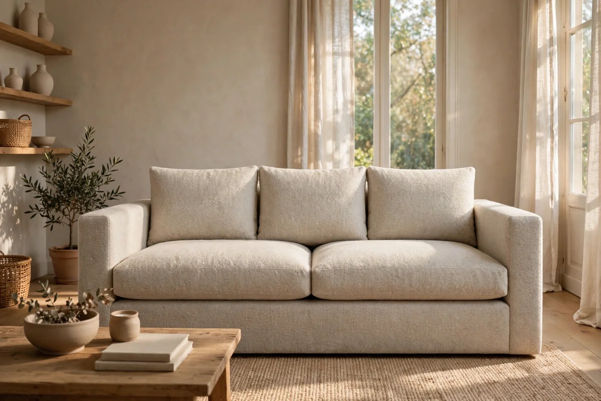 Deep-seated sofa in undyed oatmeal wool with simple straight lines