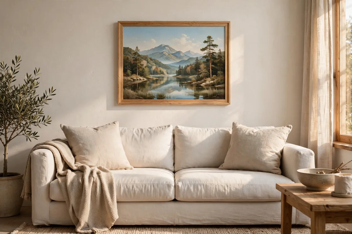 One calm framed artwork hung above a neutral sofa at seated eye level