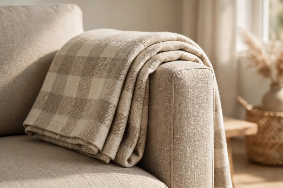 Neatly folded wool throw draped over the arm of a neutral sofa