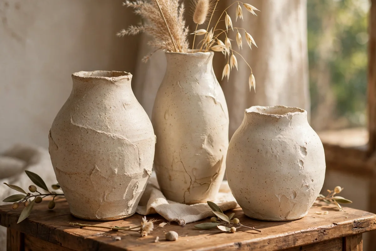 Handmade cream pottery vases with soft asymmetry on a side table