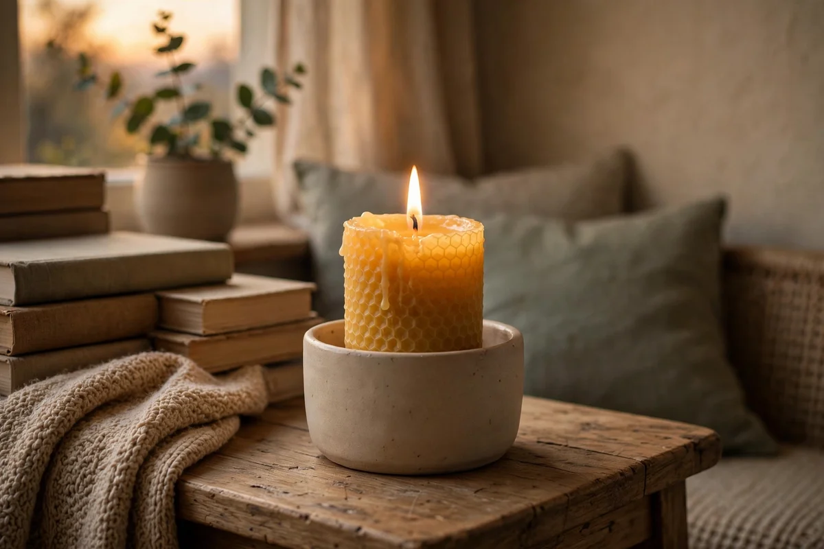 Single beeswax candle glowing softly in a quiet reading corner