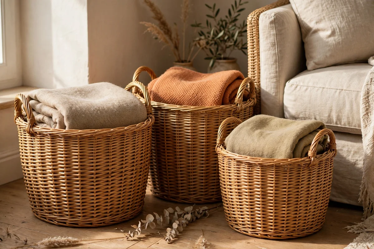 Handwoven willow baskets holding folded throws beside a sofa