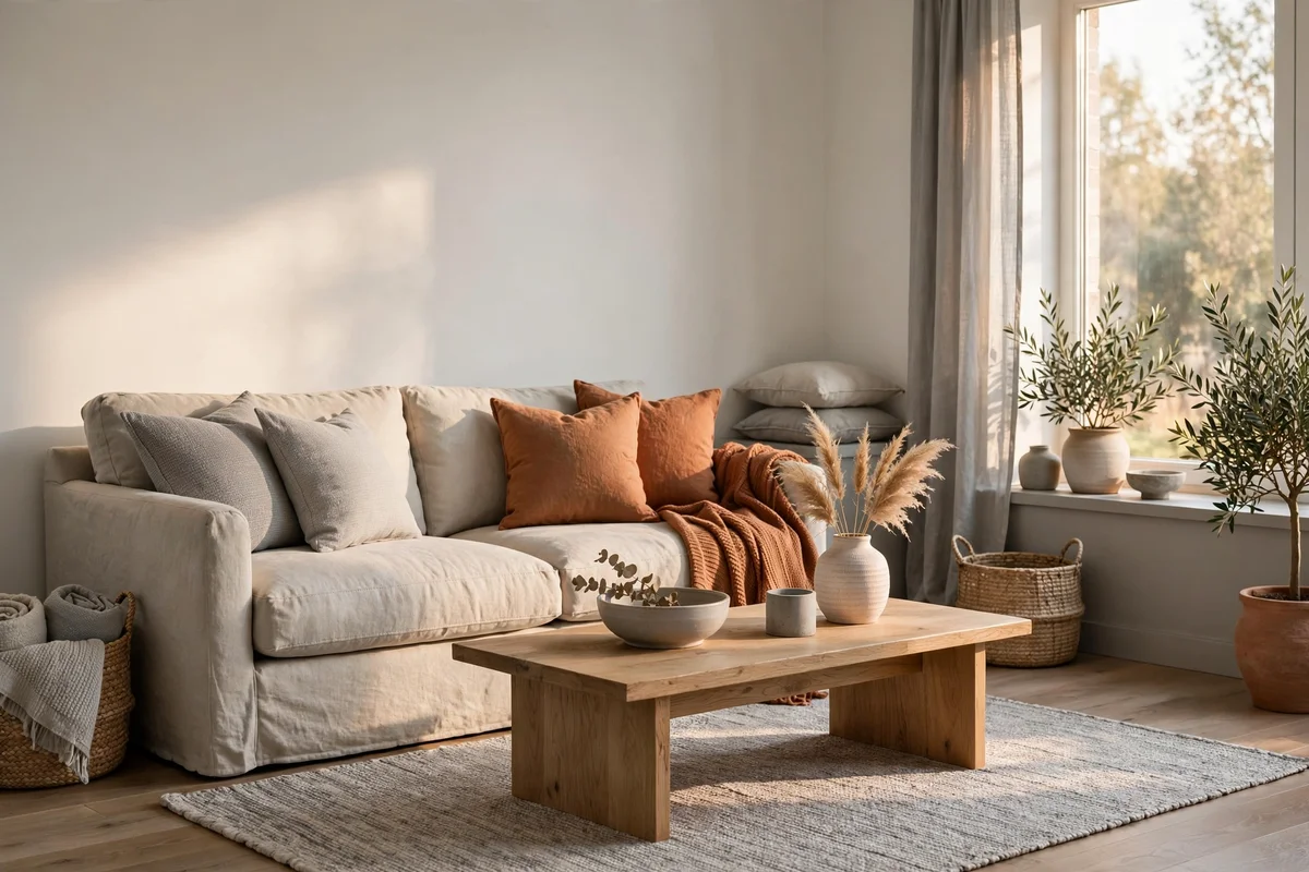 Calm living room in three neutrals with one warm clay accent