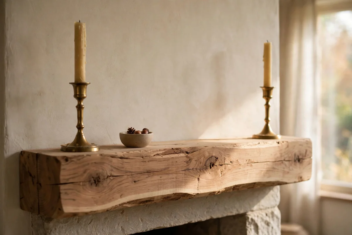Unpainted solid timber mantel with two candlesticks and one small object