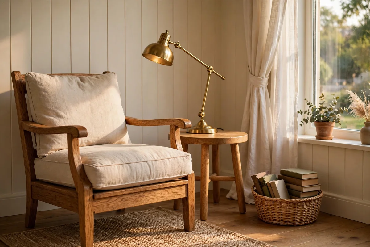 Reading corner with oak side table, brass lamp and books by a window