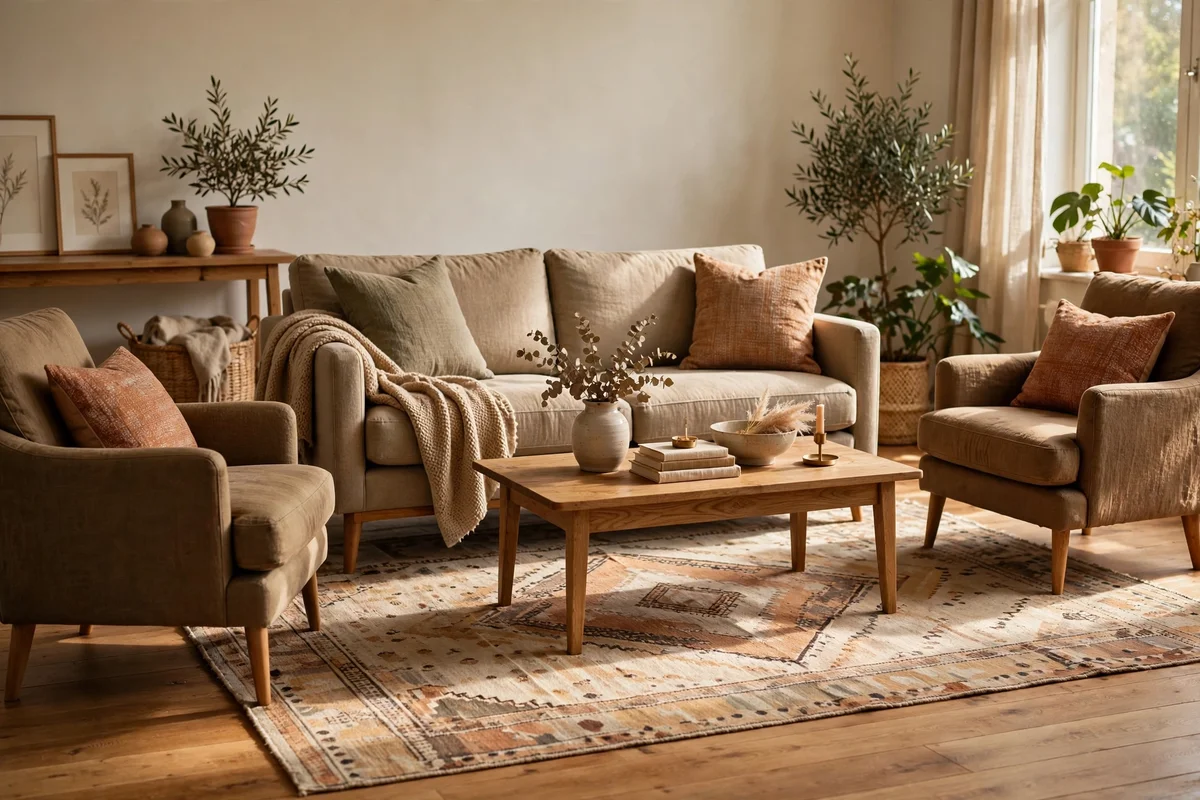 Correctly sized rug reaching under the front legs of all seating