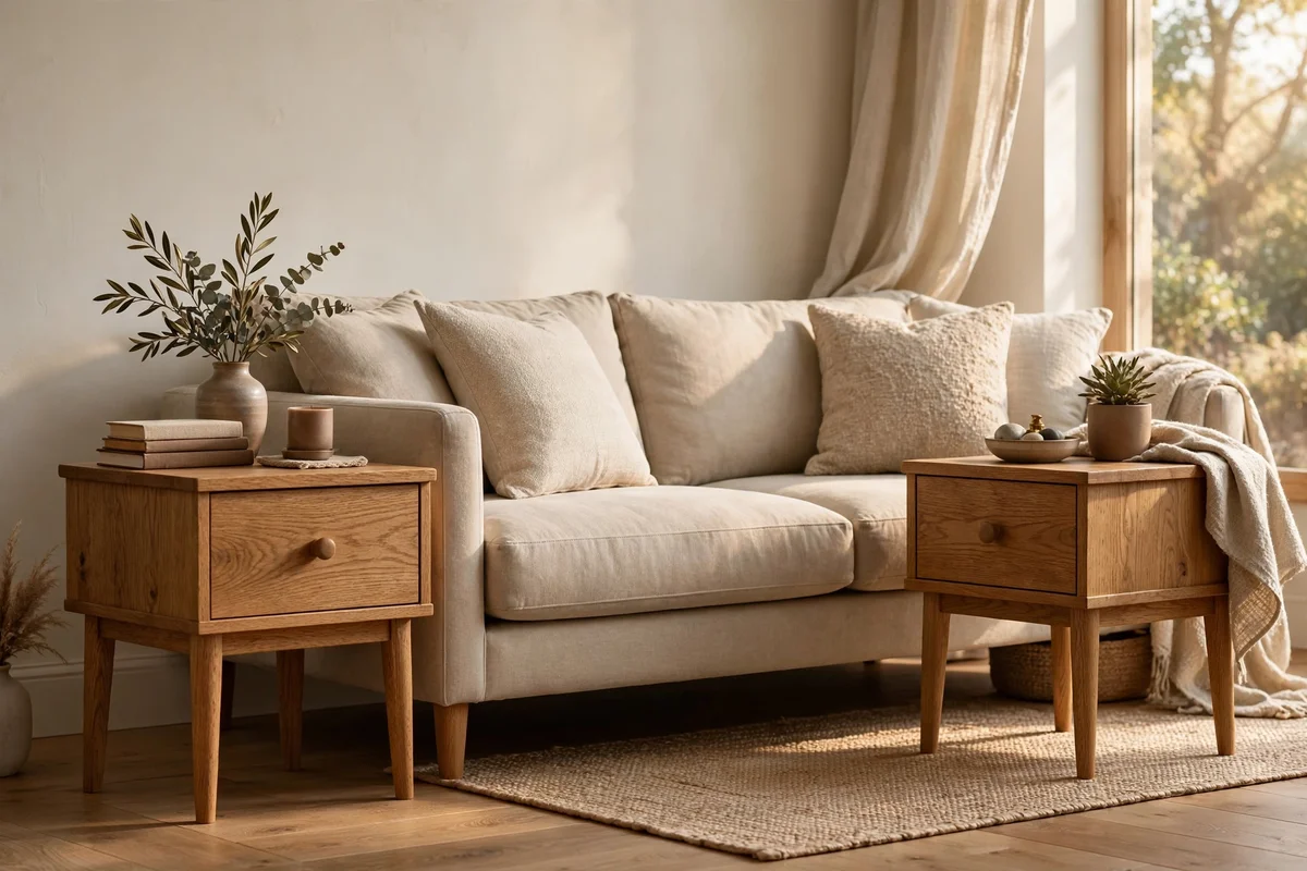Pair of solid oak side tables with single drawers beside a sofa