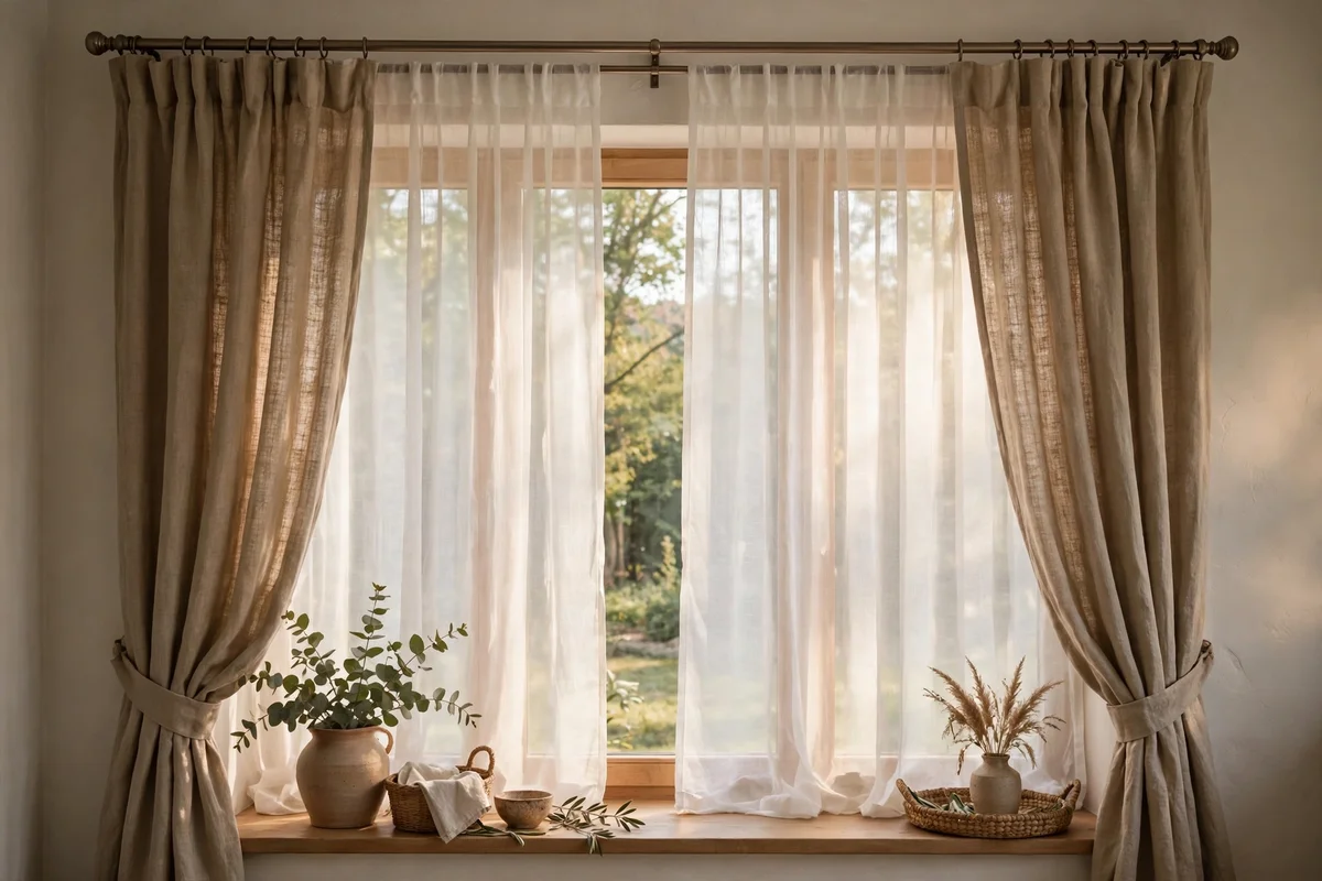 Sheer white panels behind heavier linen drapes softening daylight
