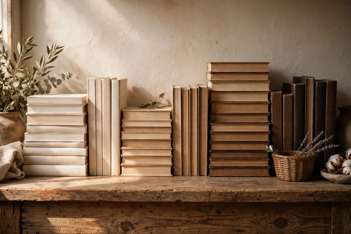 Books arranged in small stacks sorted by spine tone on a shelf