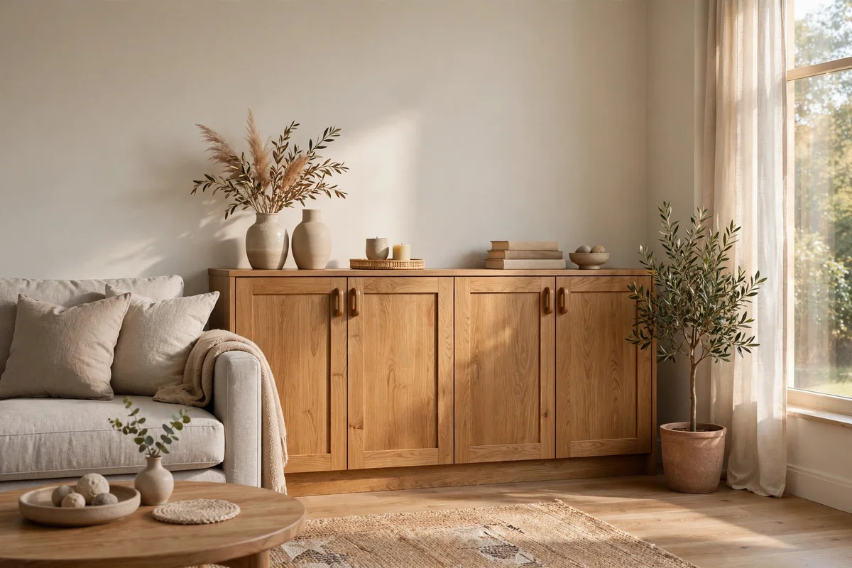 Tidy living room with closed cabinet doors and no visible cables