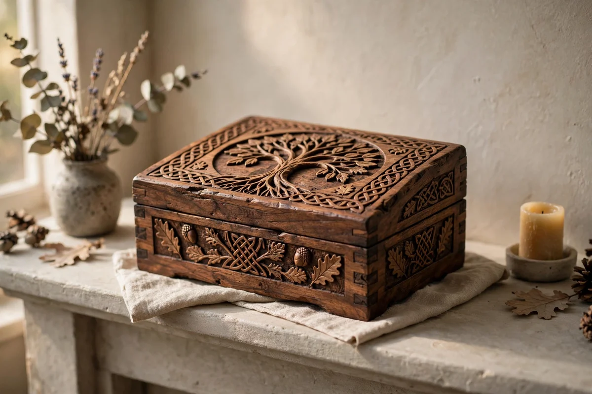 One handcrafted wooden box with family meaning on a quiet mantel