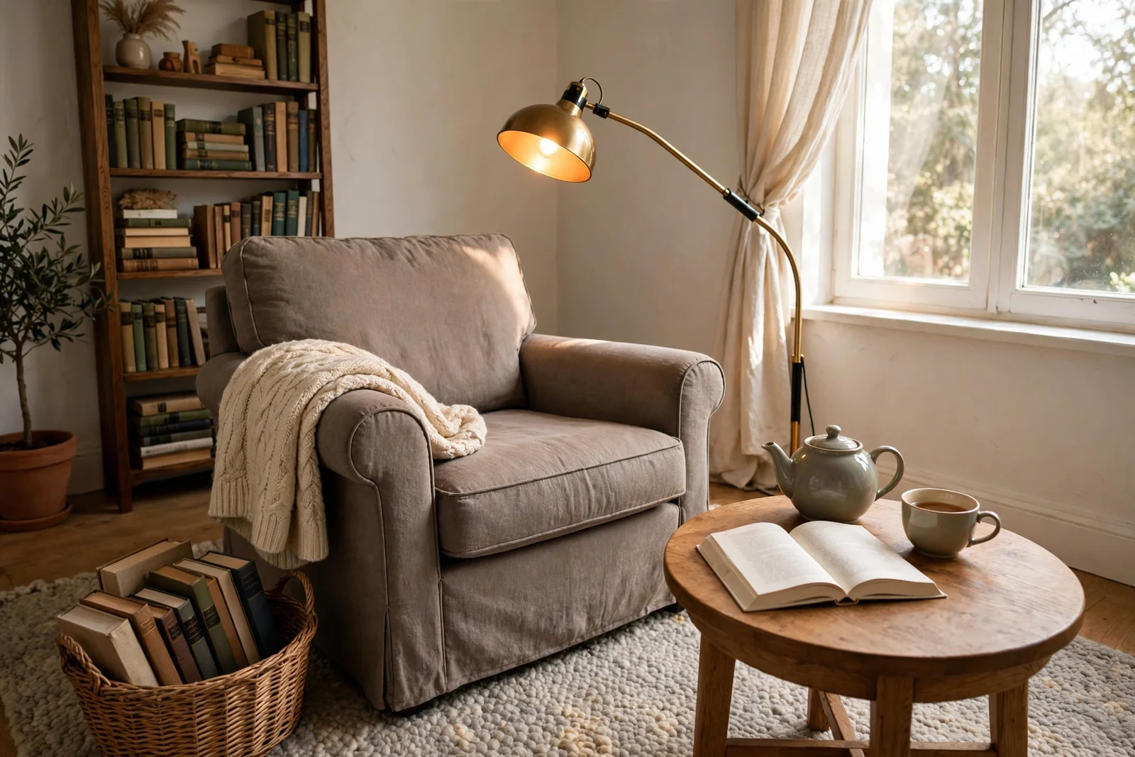 Cosy reading corner with an armchair, warm lamp, side table and books beside a window