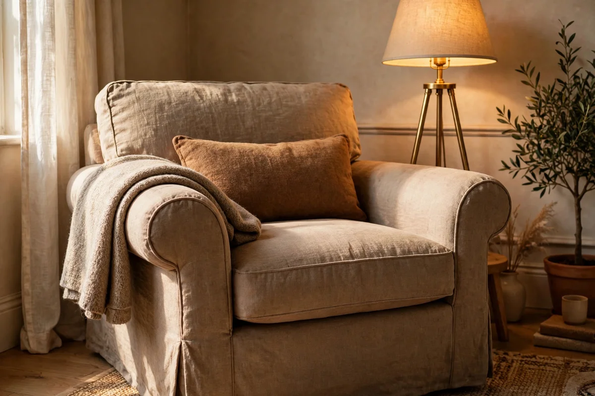 Deep seated armchair with relaxed arms in a cosy reading corner with warm lamplight