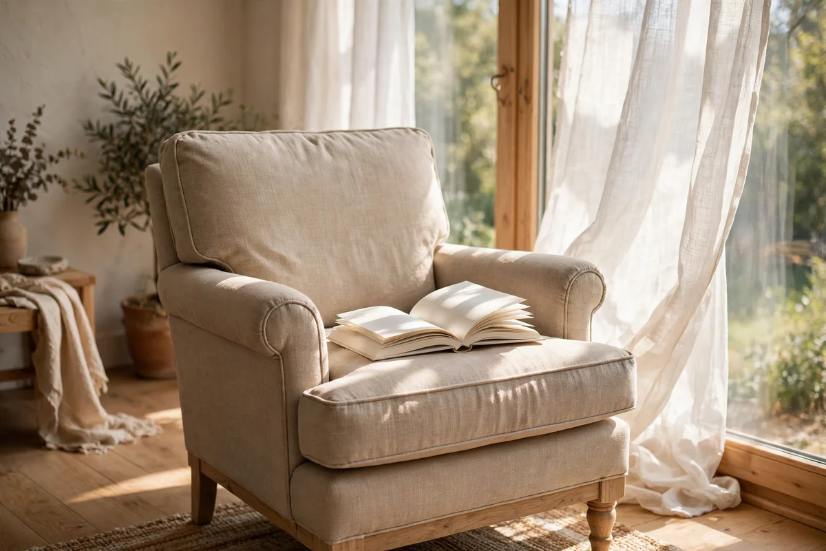 Armchair angled toward a bright window with daylight falling across an open book