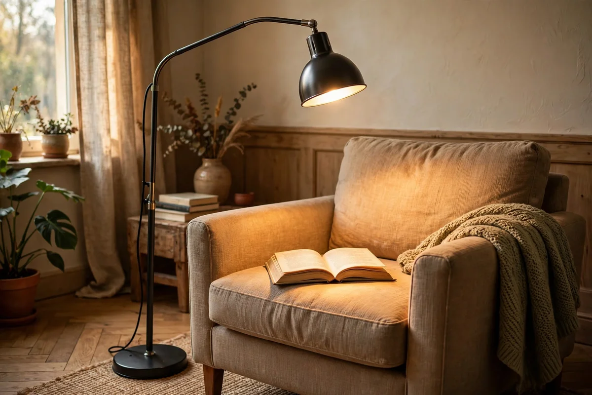 Adjustable floor lamp arcing over an armchair shoulder, warm pool of light on a book