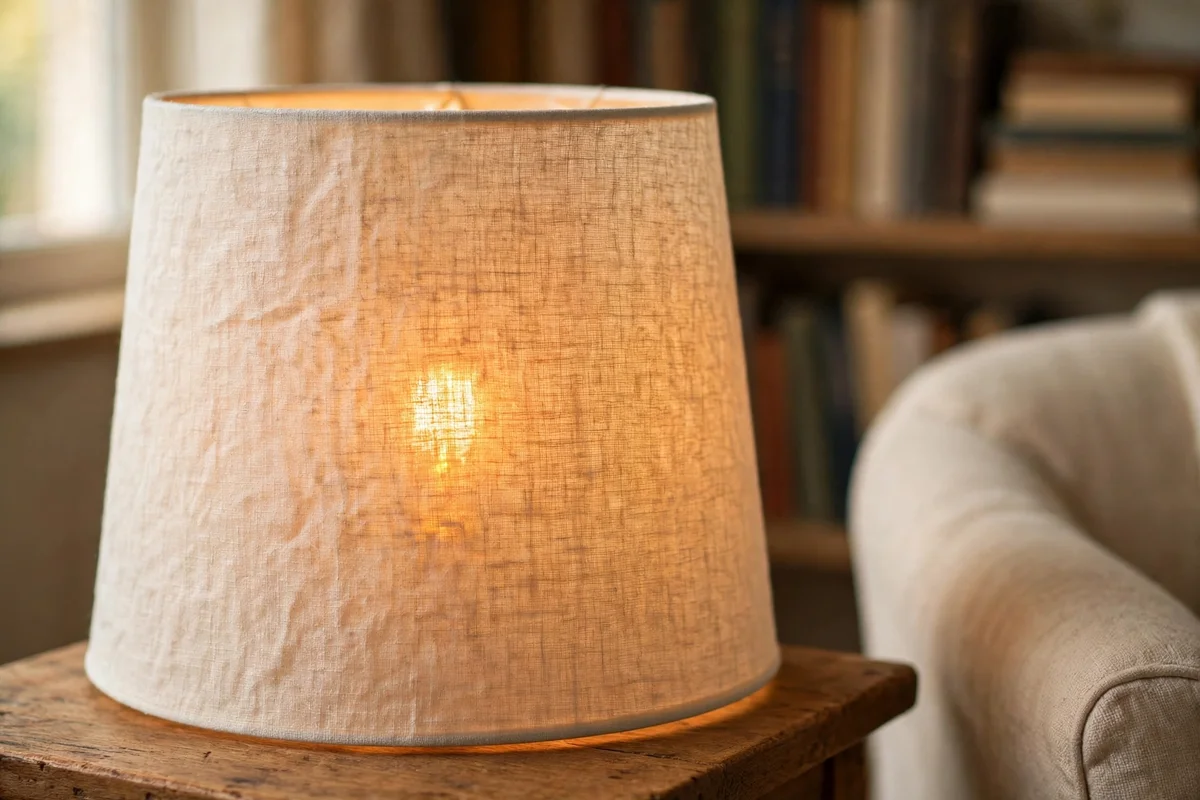 Close view of a glowing warm bulb in a fabric shade beside a reading chair