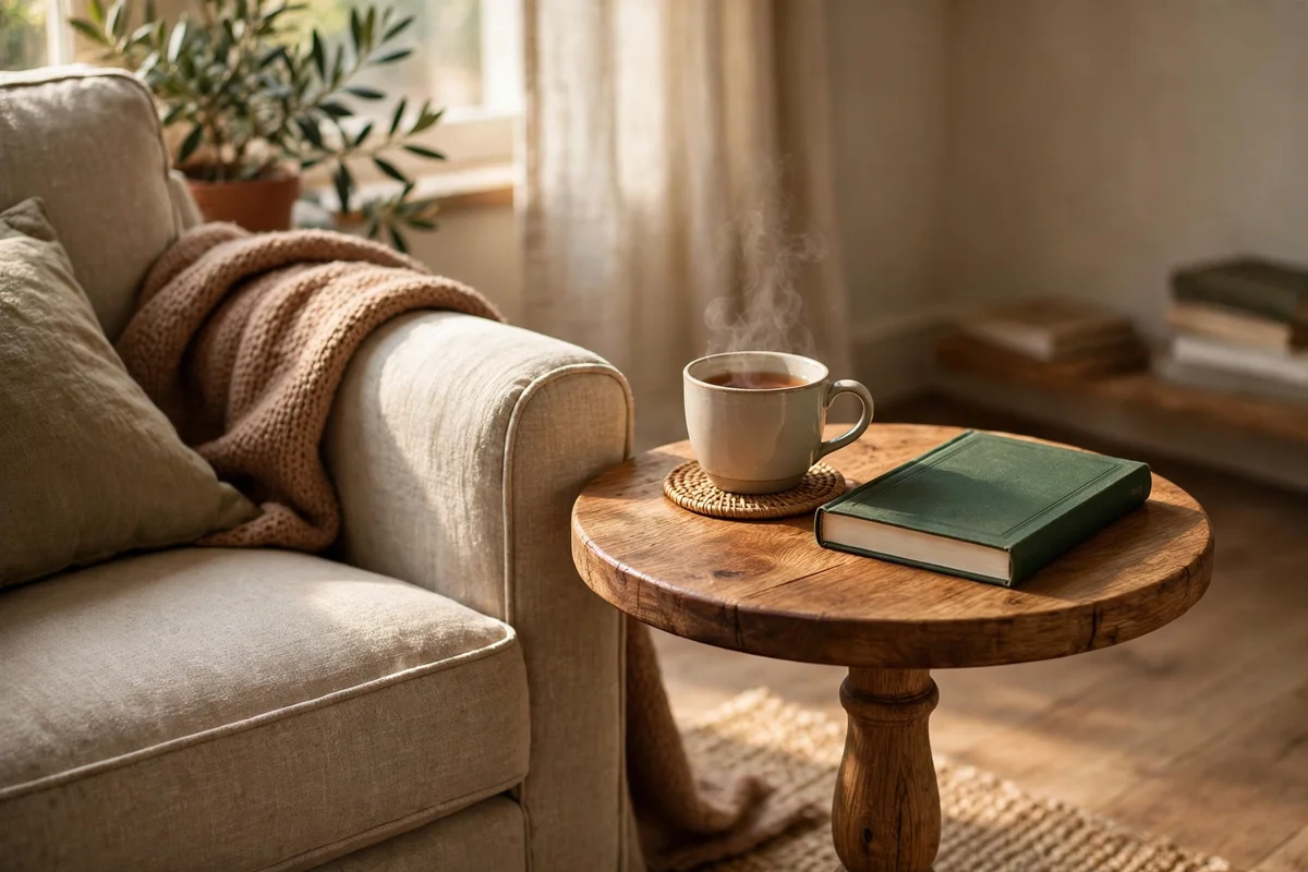 Round wooden side table beside an armchair holding a cup of tea and a book