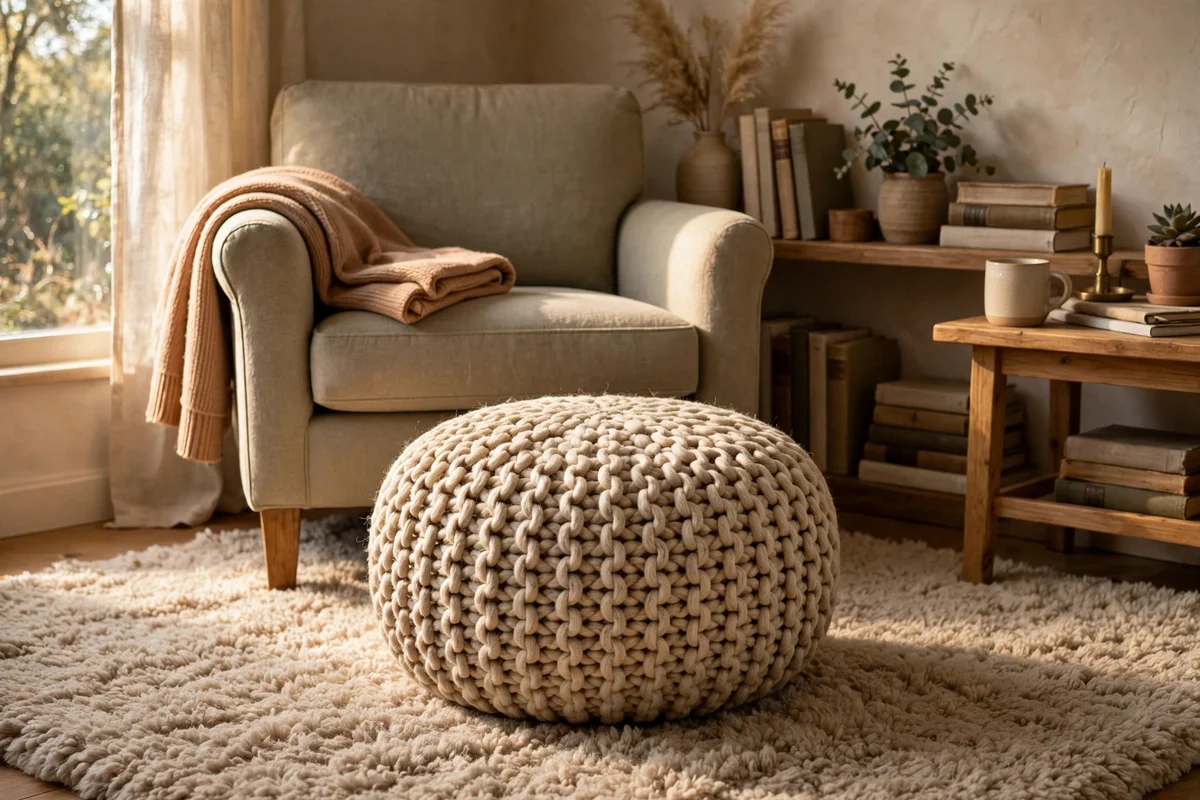 Woven pouf footstool in front of an armchair on a soft rug in a reading corner