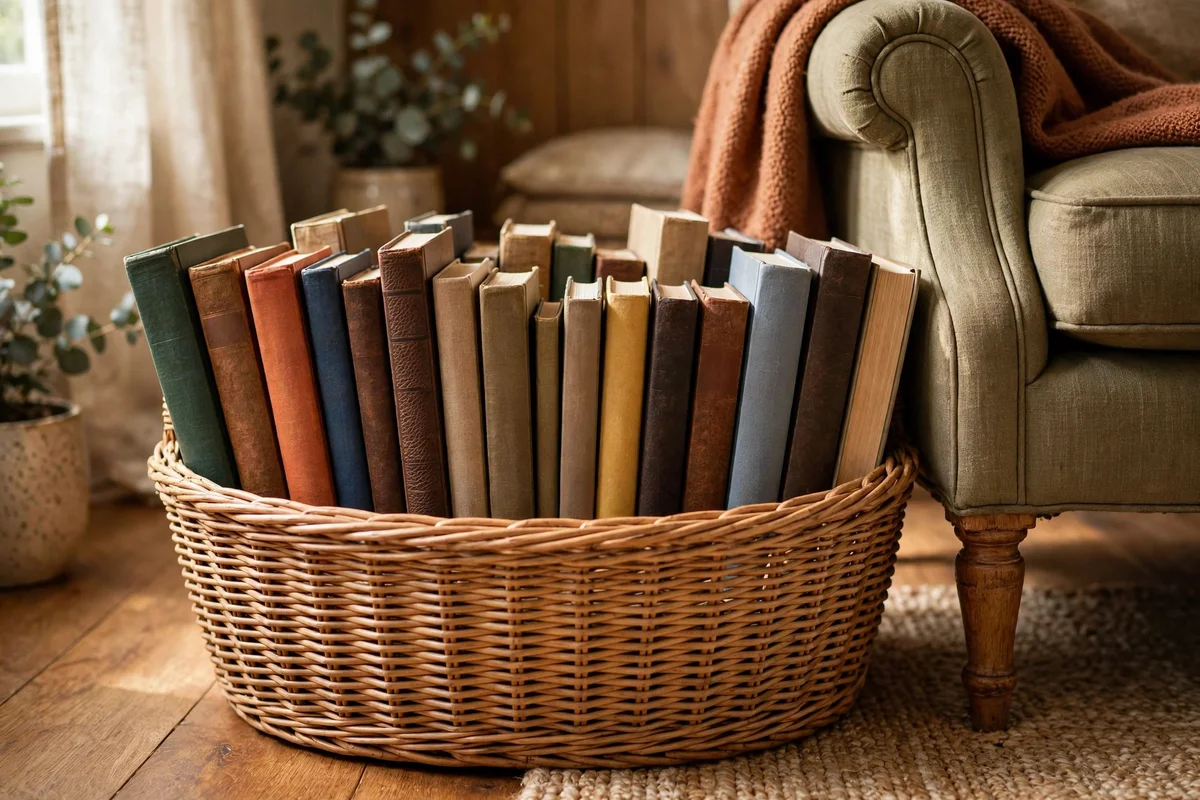 Wicker basket of upright books beside an armchair in a warm reading nook