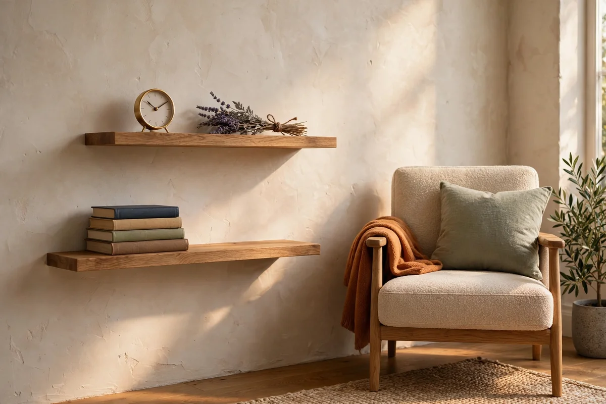 Two low wooden floating shelves beside a reading chair holding books and a small clock
