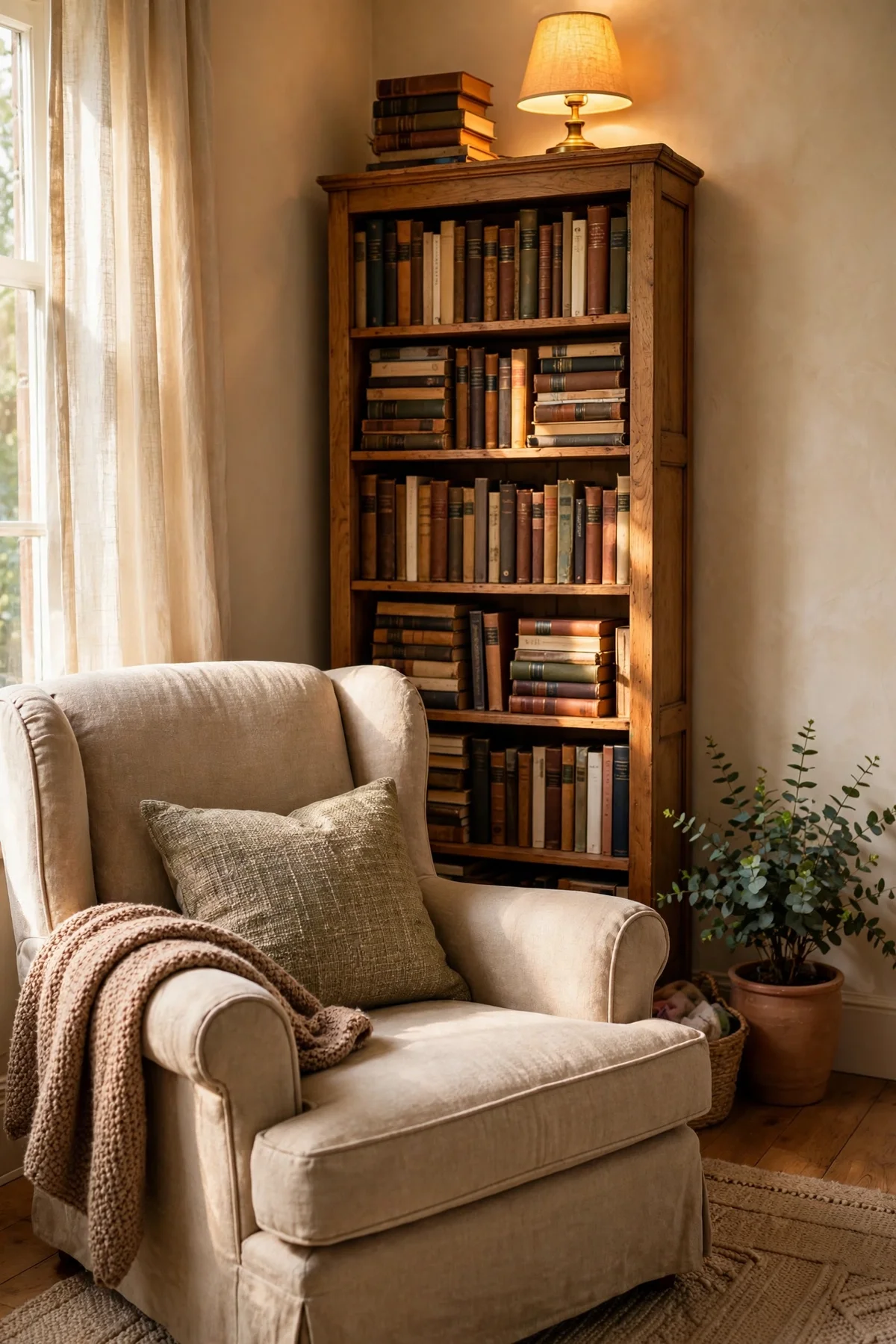 Narrow tall bookcase filled with books tucked behind an armchair in a corner