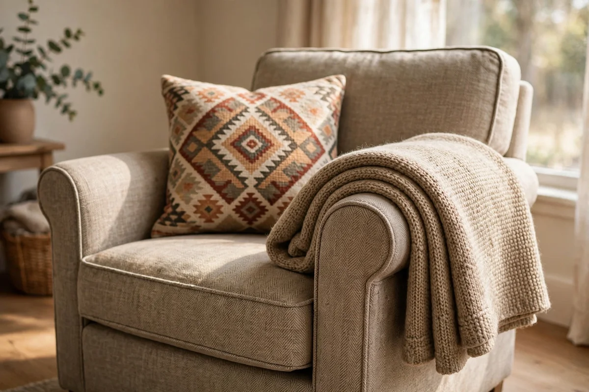 Wool throw folded neatly over the arm of a reading chair with a cushion