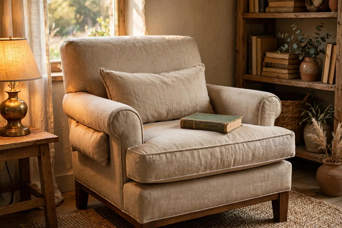 Firm lumbar cushion in linen placed at the back of an armchair in a reading corner