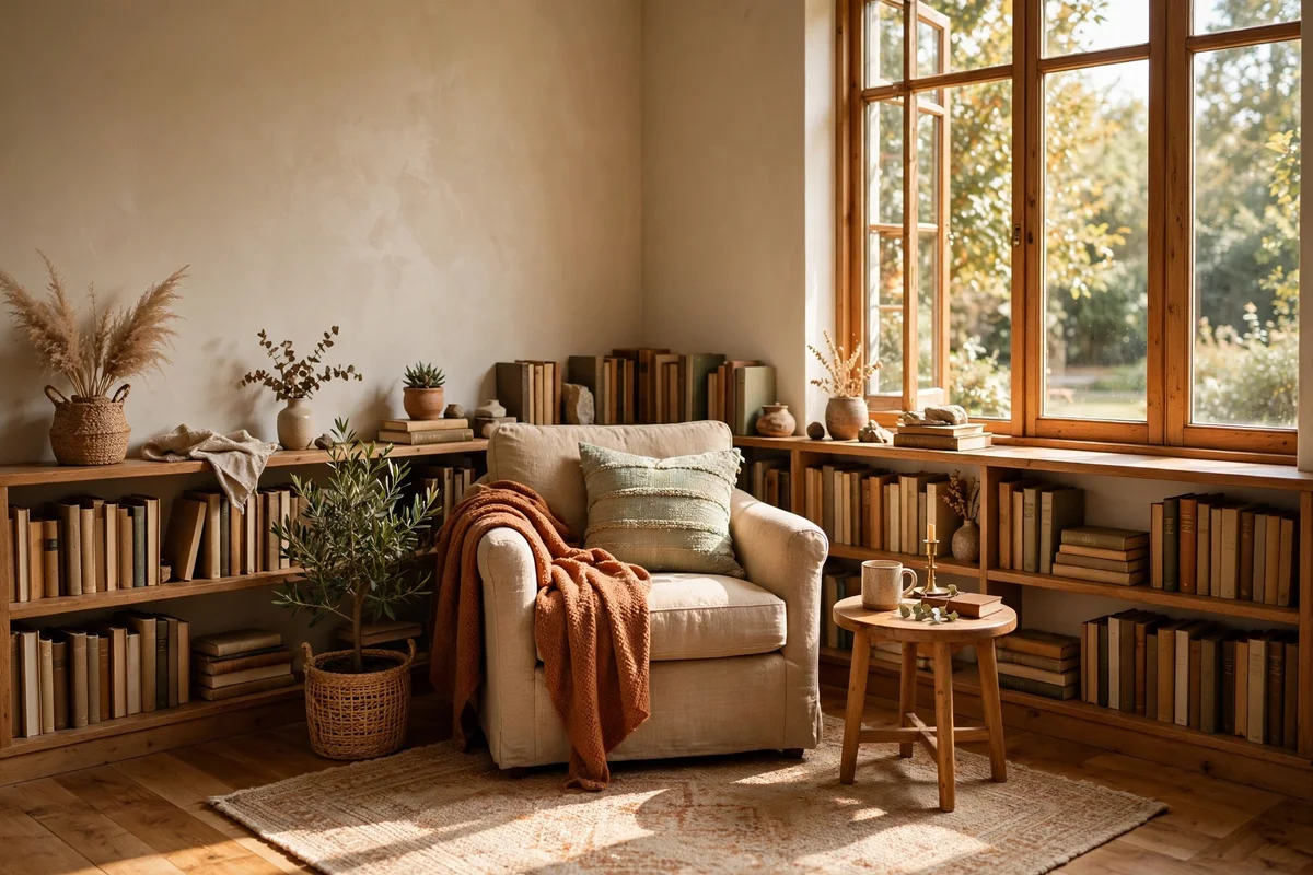 Reading nook tucked into a bright corner where two walls meet beside a window