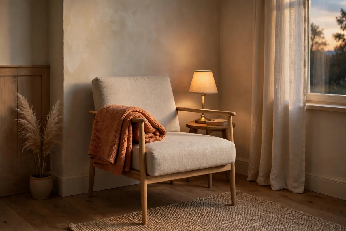 Slim armchair with a warm shaded lamp in a quiet bedroom corner for night reading
