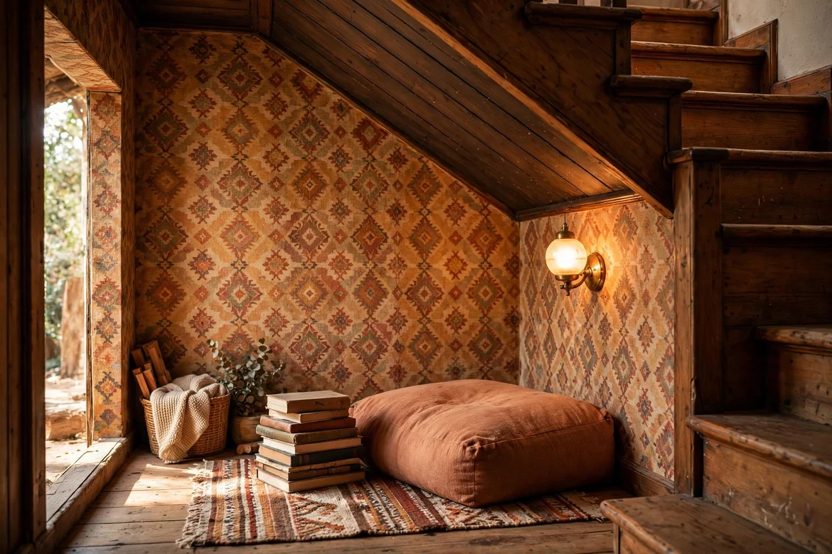 Enclosed under stairs reading cave with a cushion seat, rug and warm wall lamp