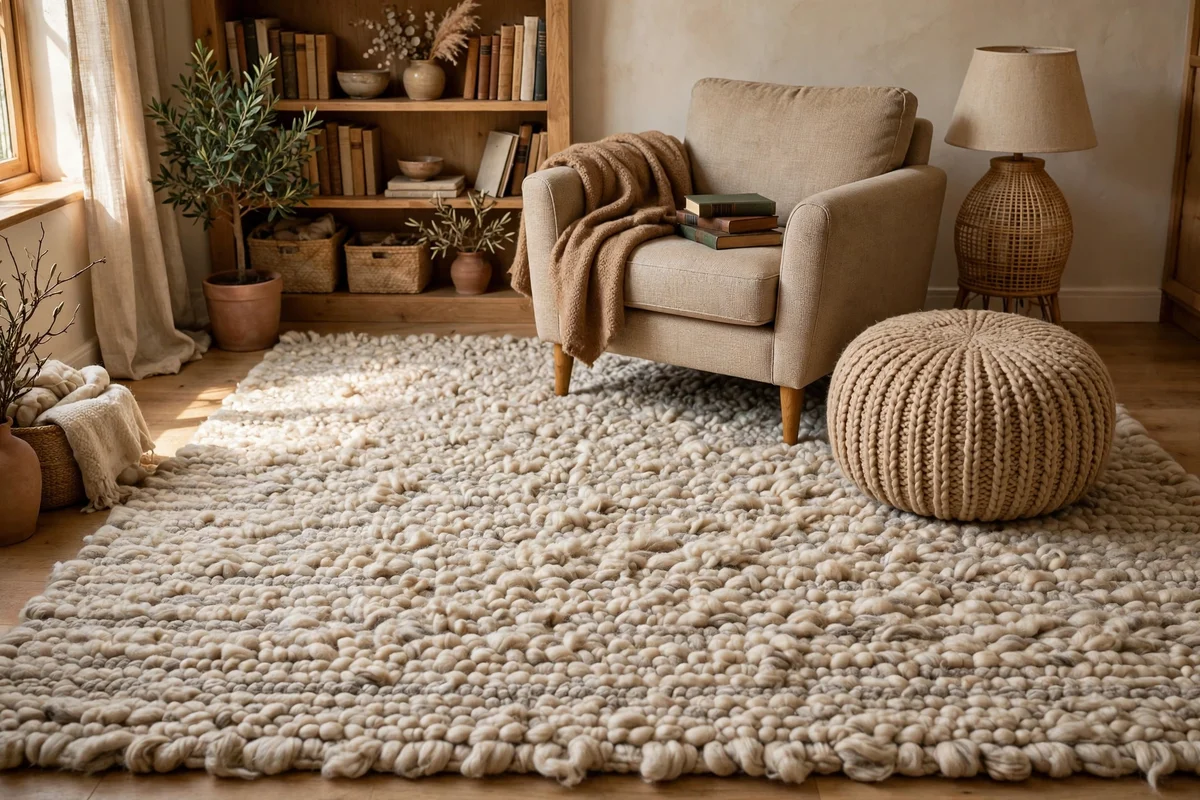 Thick wool rug layered under an armchair and footstool in a cosy reading corner
