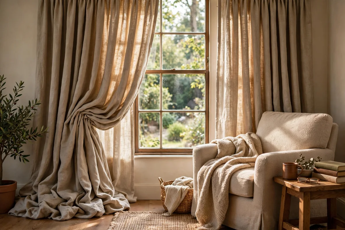 Heavy linen curtains framing a window beside a reading chair, soft warm daylight