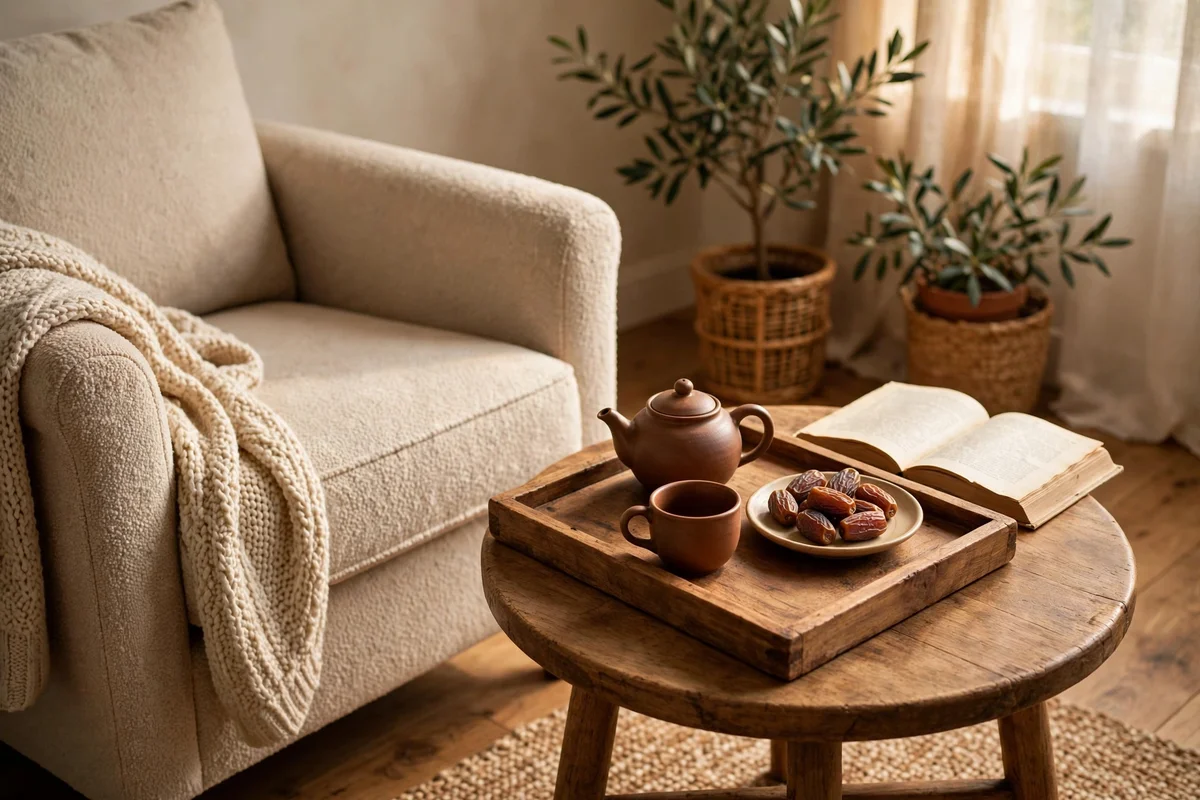 Wooden tea tray with teapot, cup and dates on a side table beside a reading chair