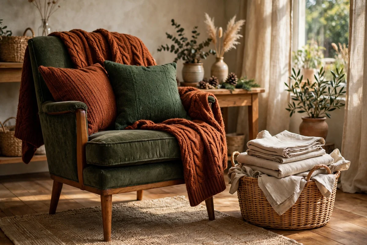 Reading chair styled with seasonal textiles, wool throw and cushions in warm tones