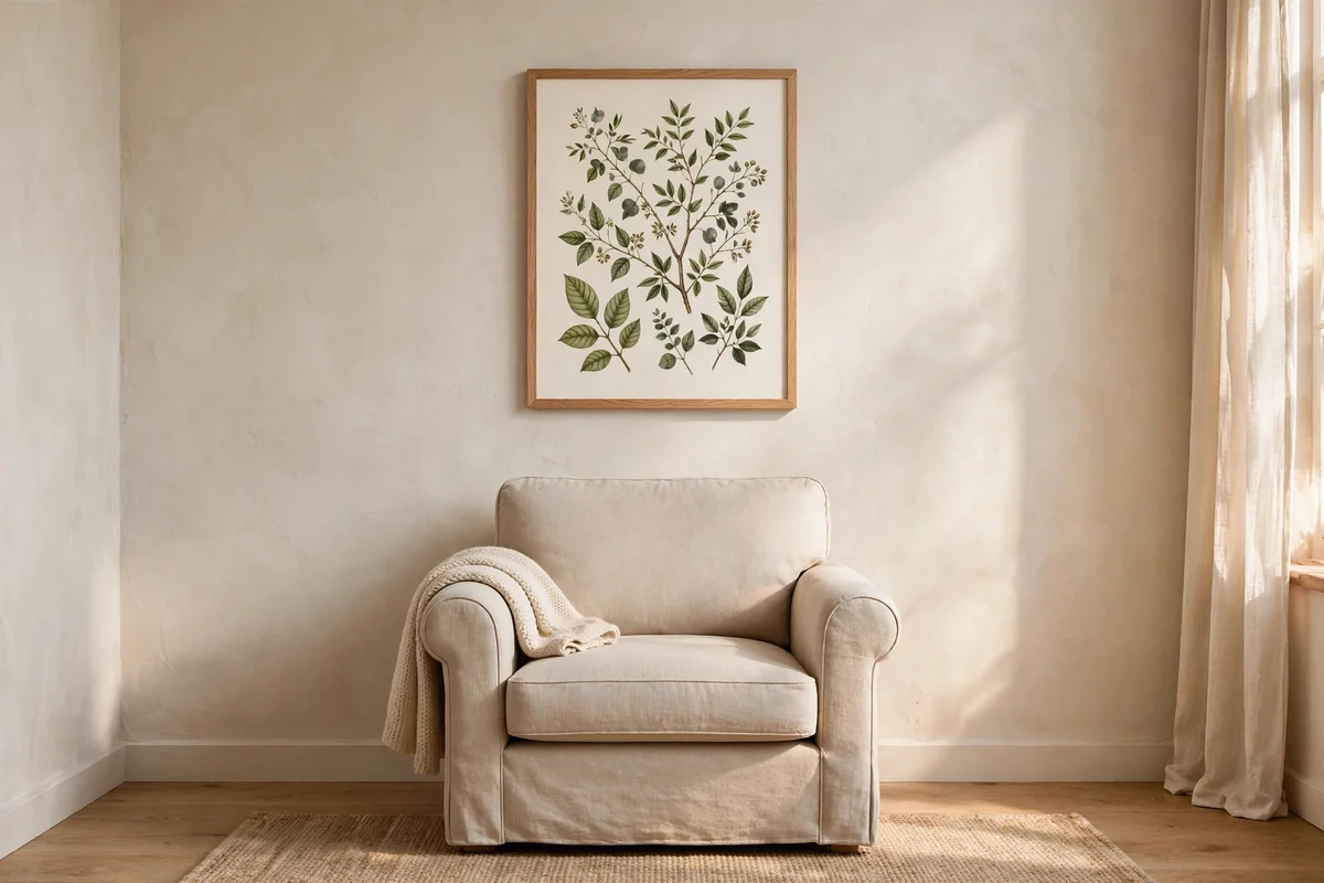 Single framed botanical print hung at eye level above a reading chair