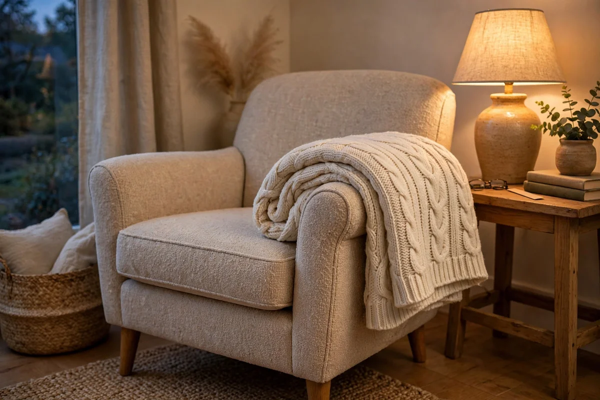 Soft folded blanket resting on the arm of a reading chair ready for cold evenings