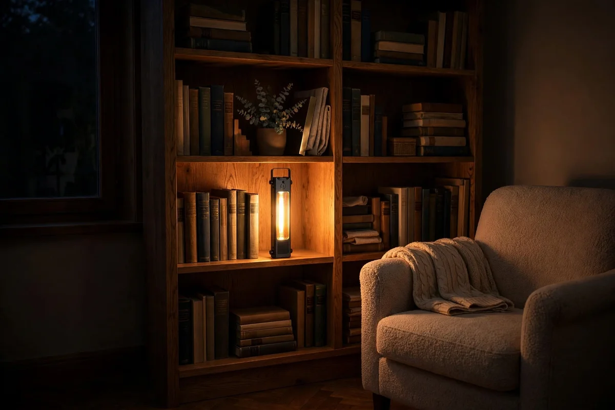 Slim glowing lantern on a shelf casting warm amber light over a reading corner at night