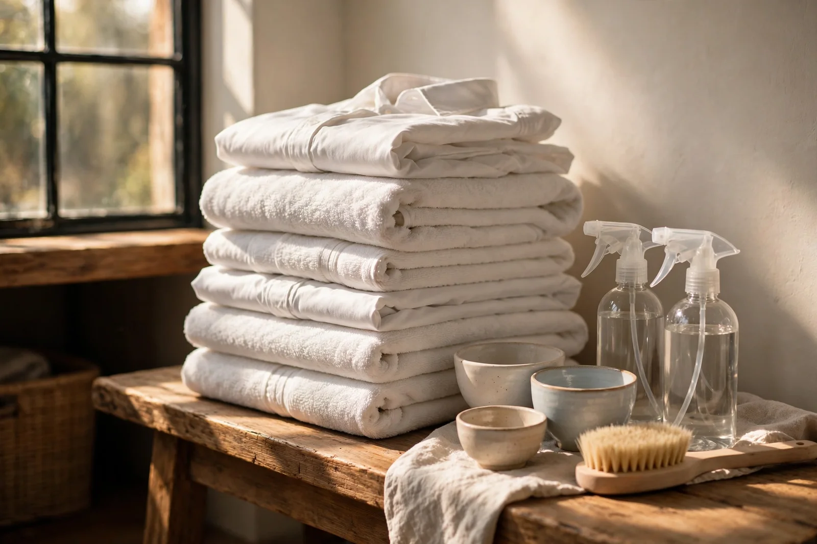 Stack of folded white clothes with small bowls, spray bottles and a brush on a wooden bench in warm sunlight