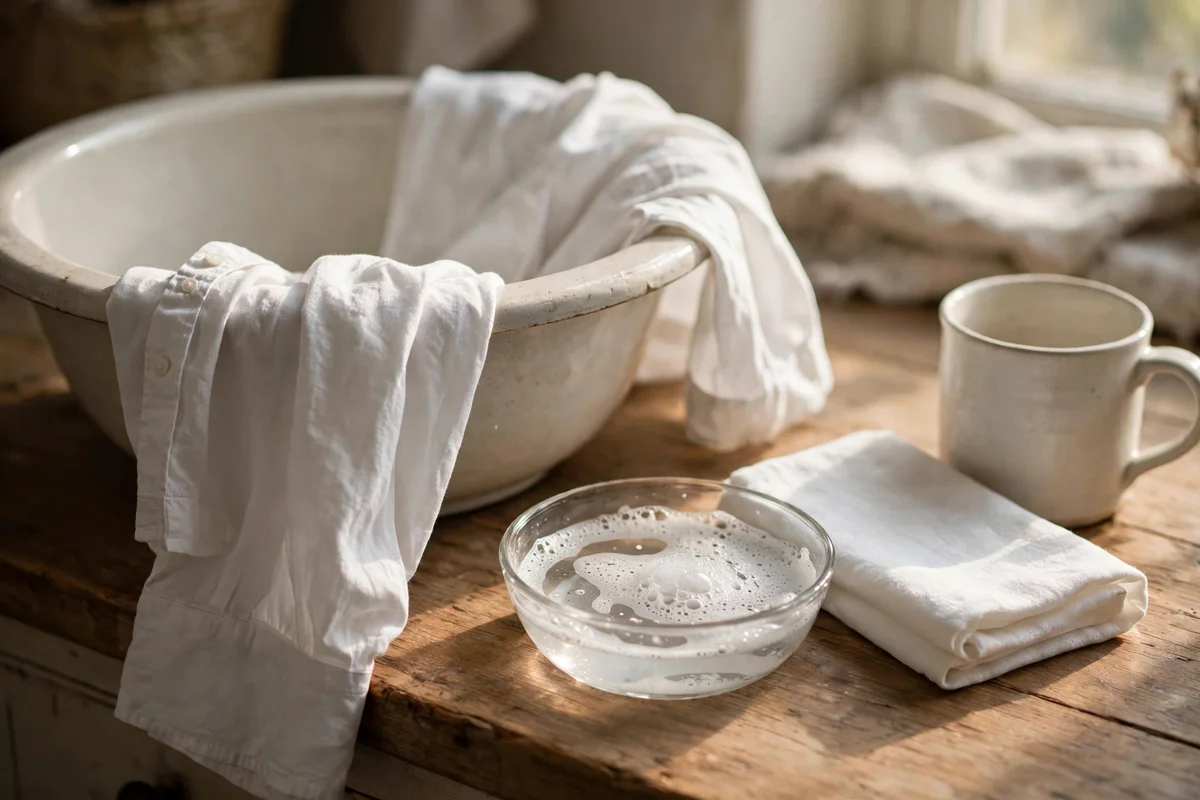 White shirt over a basin with a small dish of soapy water and a folded white cloth beside it