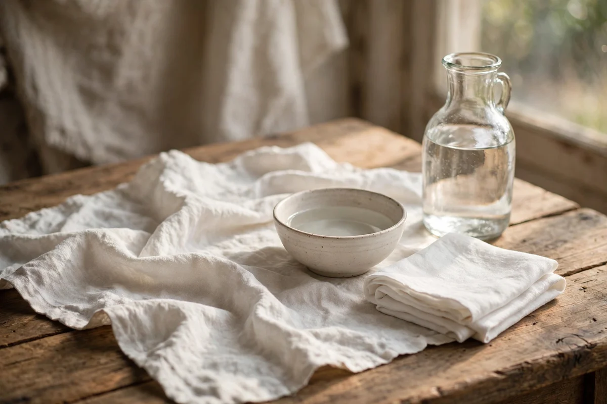 White linen cloth with a small bowl of diluted vinegar and a dry white cloth on a wooden table