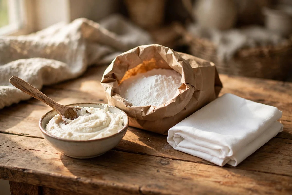 Small ceramic bowl of thick baking soda paste with a spoon beside a folded white cloth