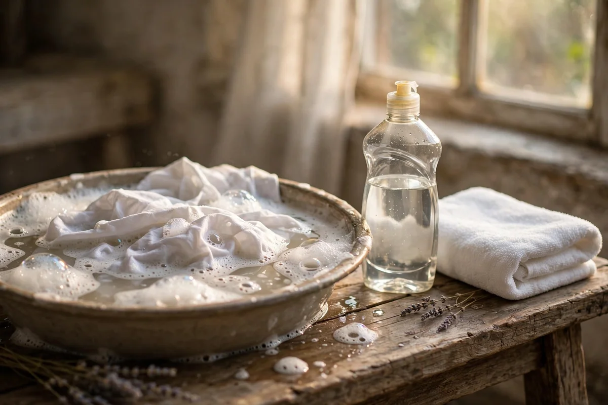 Basin of warm soapy water with a white shirt submerged and a bottle of clear dish soap nearby