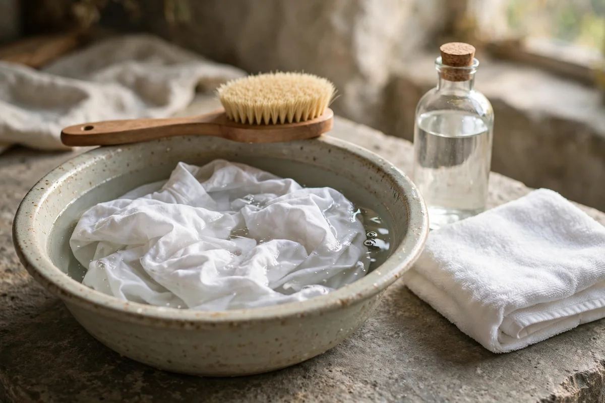White cotton garment soaking in a basin of diluted vinegar with a soft brush on the rim