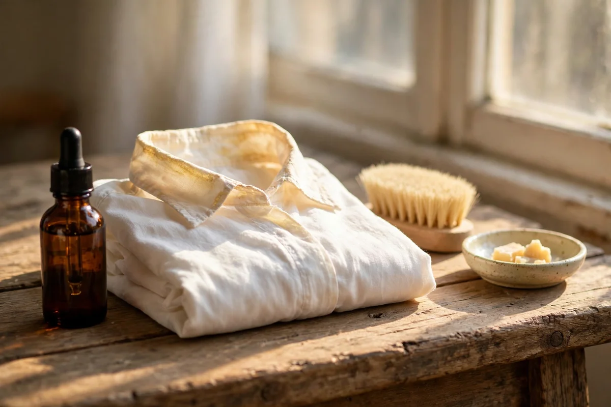 Small brown bottle of hydrogen peroxide beside a white shirt and a soft brush on a bench